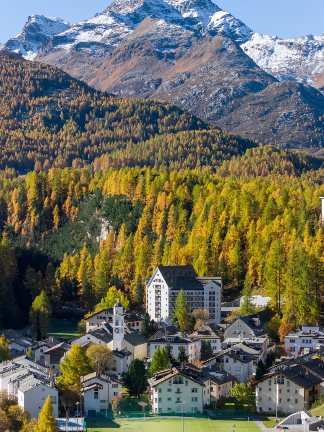 Der Schweizerhof über Sils Maria zwischen herbstlichen Lärchen